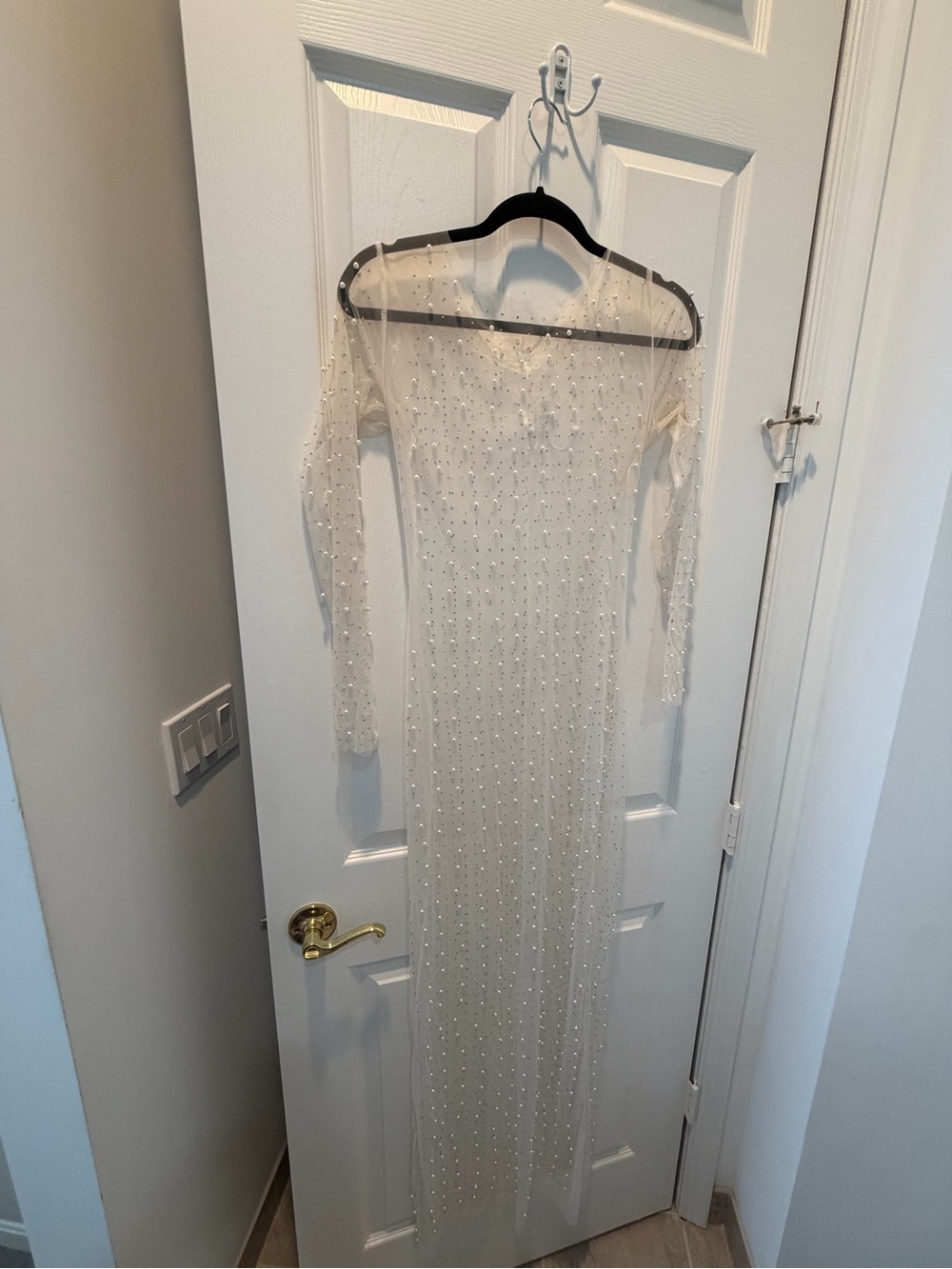 Sheer Ivory Beaded Long-Sleeve Dress